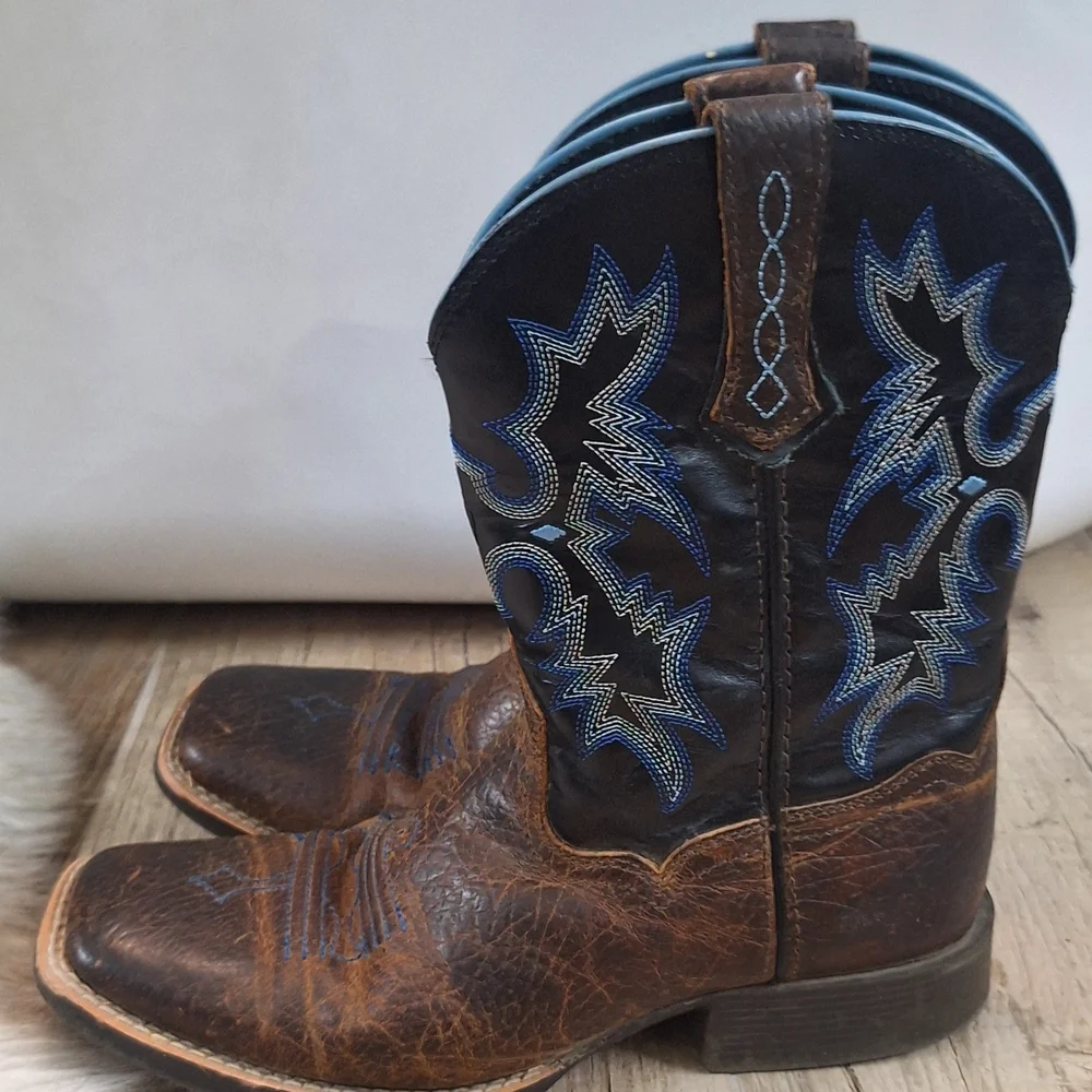 Ariat Tombstone Boys Western Boots Brown Blue Square Toe Size 4 Leather 4LR